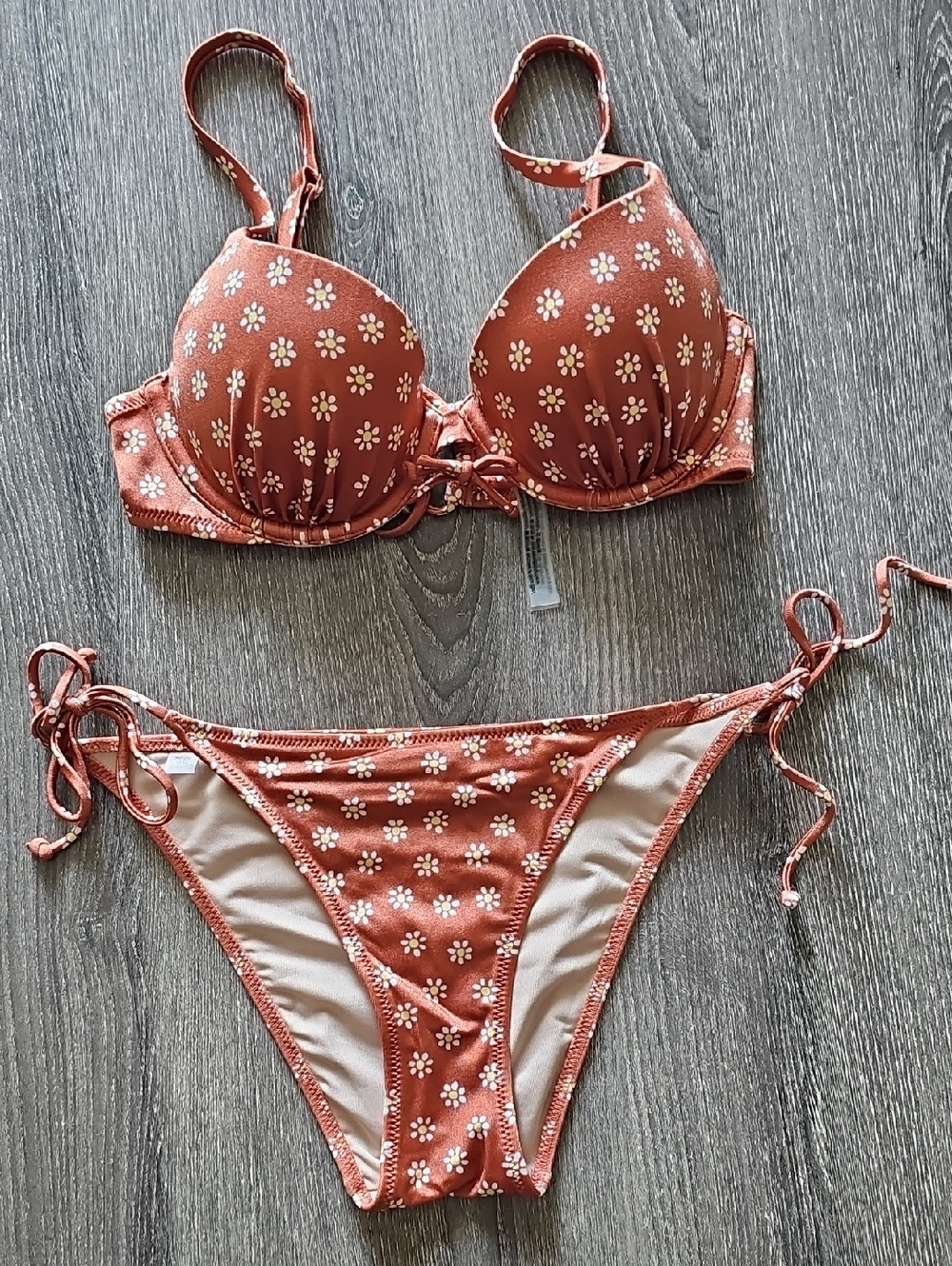 Victoria Secret Rust Teracotta Daisy Tie Side Push Up Bikini Set 32C / S